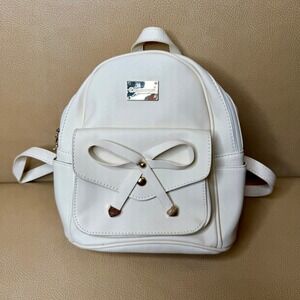 Ihayner White Saffiano Faux Leather Mini Backpack Bow Detail Gold Tone Hardware
